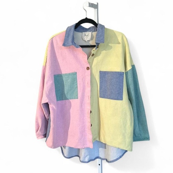 Fantastic Fawn Unique Colorblock Denim Shirt Oversized Pastel Patchwork sz M - Picture 7 of 8